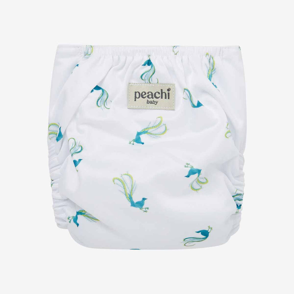 Lyrebird print modern cloth nappy by Peachi Baby